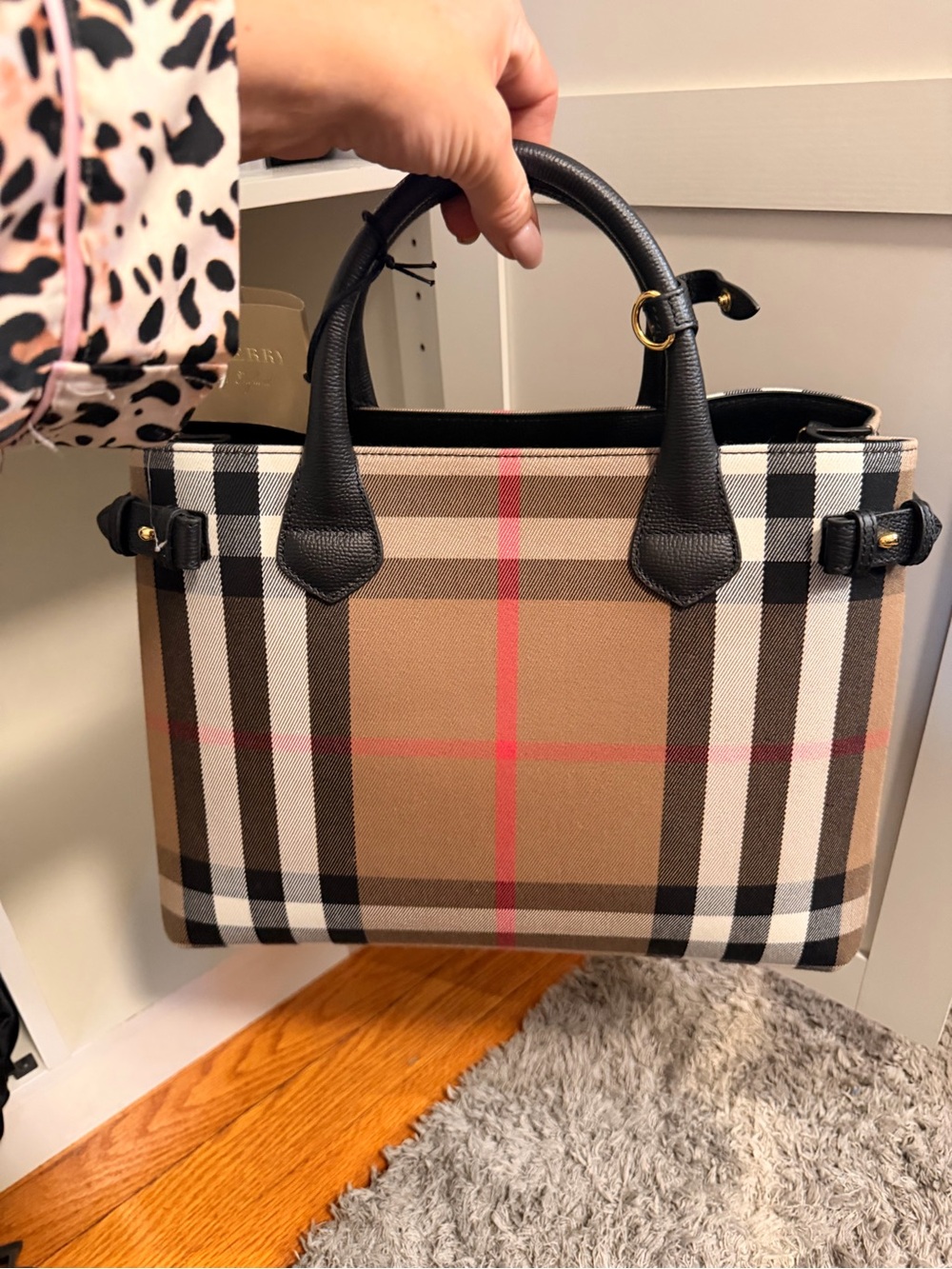 Burberry Beige Plaid Tote with Black Handles and Red Accent